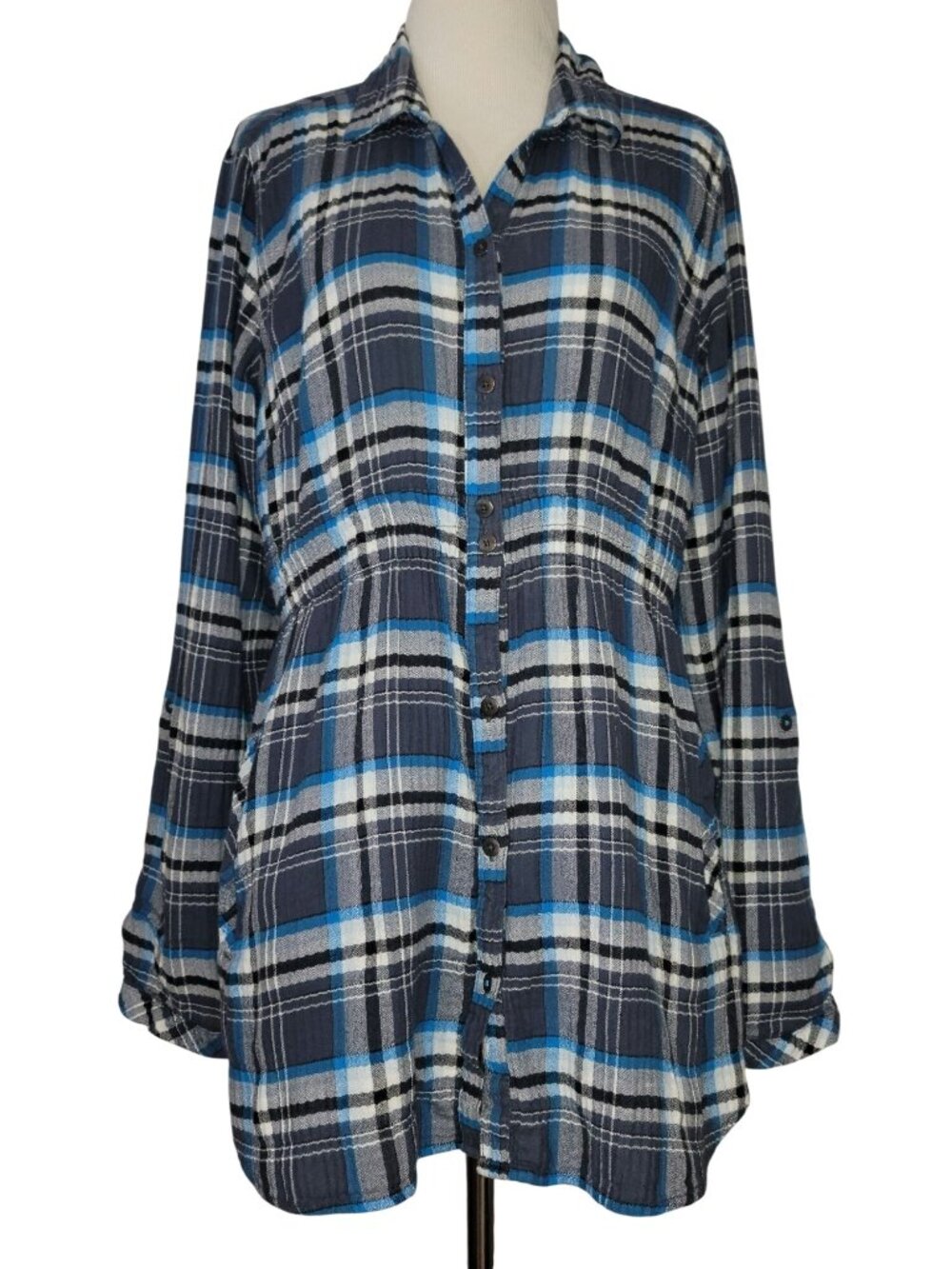 Columbia Women's Blue/Black Plaid Flannel Button-Down Shirt Dress Tunic Medium